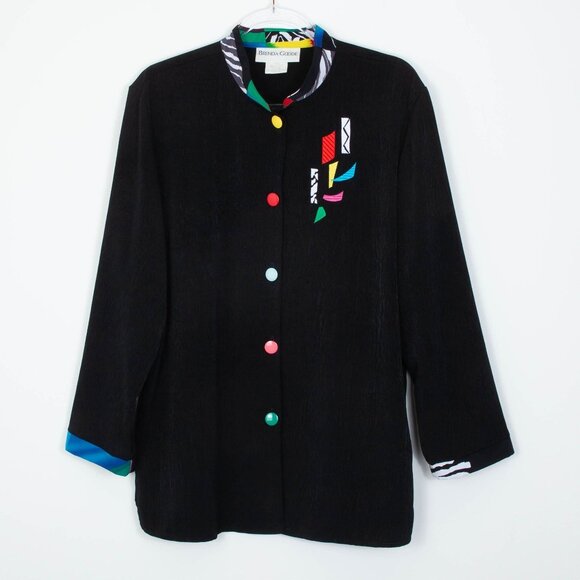 Vintage Brenda Goode Womens Button Down Tunic Shirt Size L Black Artsy Lagenlook - Picture 1 of 10